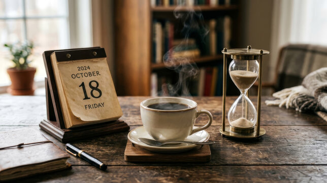 オフィスのデスクに置かれたコーヒーカップと朝食シーン、AI生成画像