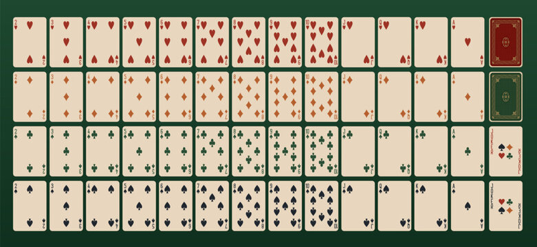 Classic playing printable vector cards for gambling (poker, bridge), deck of 52 cards, face and back card side. The cards are blank, without playing card characters. Vector editable illustration.