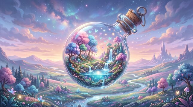 Whimsical fantasy landscape with a magical miniature world inside a floating glass bottle.