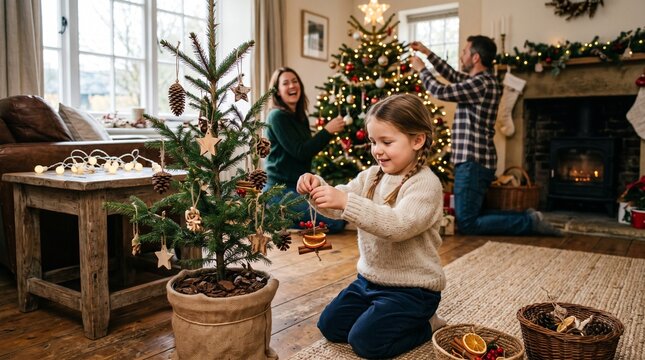Family decorating Christmas tree in cozy living room with fireplace