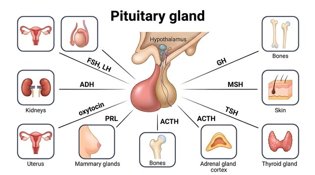 Anatomical diagram of the pituitary gland and target organs with endocrine system medical diagram human physiology glandular system hormones