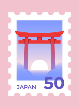 Decorative postage stamp illustration featuring a red torii gate silhouette against a sunset sky with clouds. Flat vector illustration representing travel, postal design, and a stylized stamp