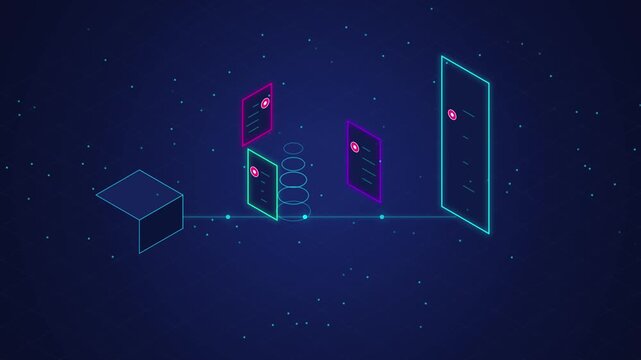 Abstract digital data processing flow with isometric shapes, glowing documents, and a cube on a dark blue background, representing information management and technology concepts