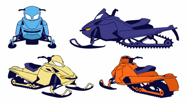 Four colorful snowmobiles in various views and positions on white background