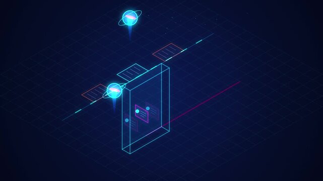 Abstract digital network communication concept with glowing spheres, data flow, and server structure in a futuristic grid environment, representing cloud computing or cybersecurity