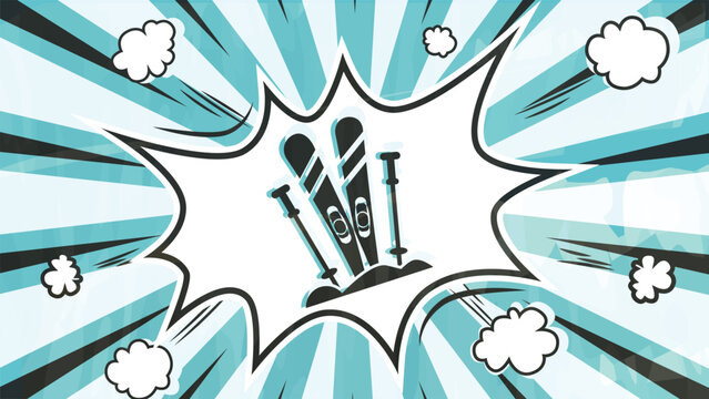 Comic book explosion with ski poles and skis in snow and retro background.