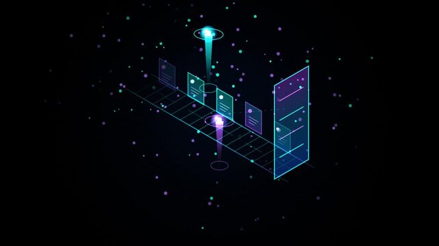 Abstract digital data flow and processing concept with glowing documents on a futuristic conveyor belt in a dark, particlefilled environment