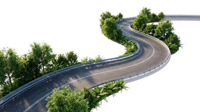Winding asphalt road with green trees isolated on white, curved highway path for logistics and travel concepts, empty scenic roadway with guardrails