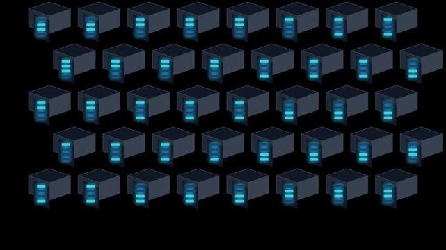 Isometric server racks with glowing blue lights in a data center, symbolizing cloud computing, network infrastructure, and digital technology