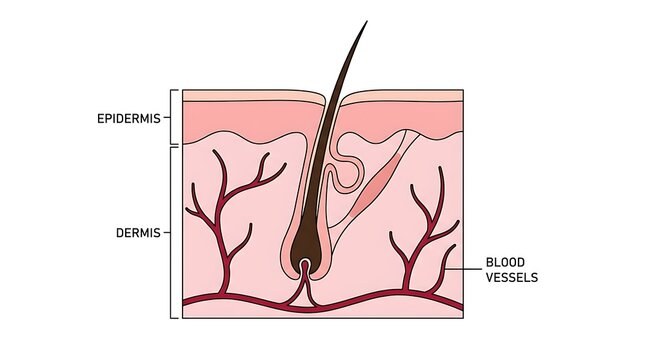 Cross section illustration of human skin layer showing hair follicle anatomy and blood vessels with hair growth biological structure hair root