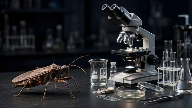 A disease carrying insect and microscope create a focused visual about Chagas disease research