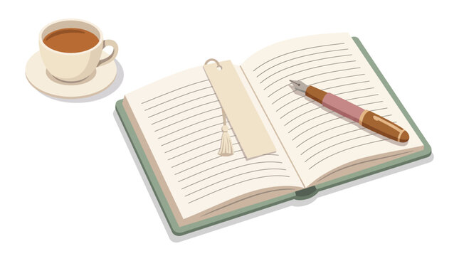 Open notebook with a bookmark and a fountain pen next to a cup of coffee.