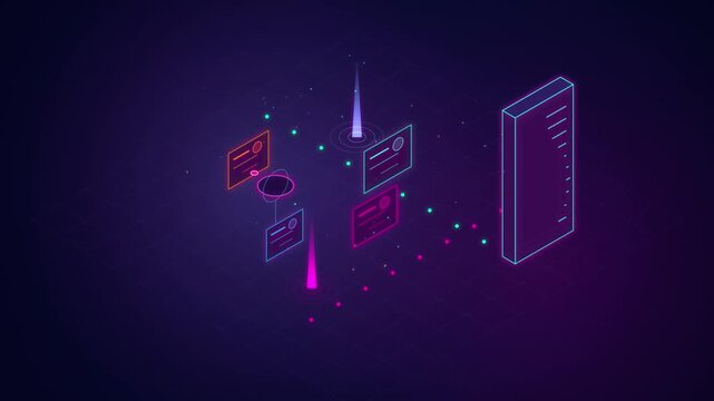 Futuristic isometric digital data flow concept illustration with glowing neon elements, abstract cards, server, and light beams on a dark background