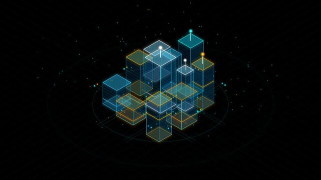 Futuristic smart city concept with glowing transparent buildings and data points on a dark background, representing digital technology, urban networks, and interconnected systems