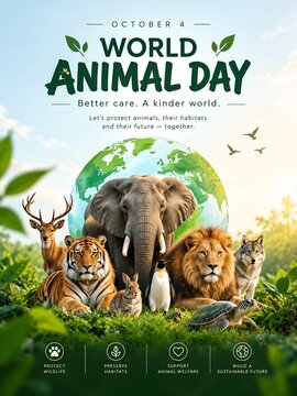 World animal day poster with diverse wildlife and globe