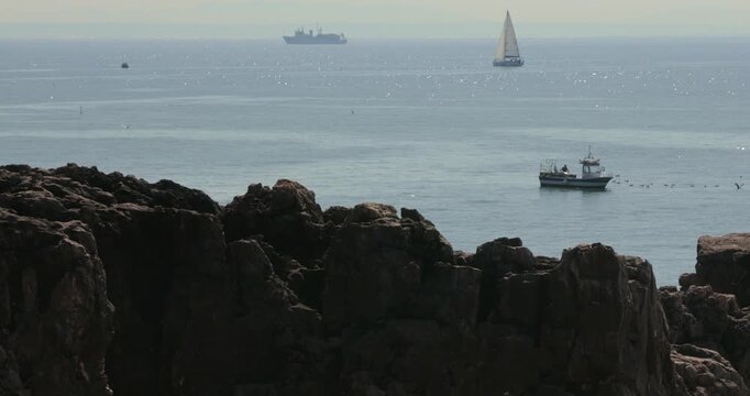 View of Portugal&rsquo;s  Atlantic coastline with dark rocks in the foreground and a variety of vessels &mdash; including a fishing boat, yacht, and ship &mdash; sailing in the brightly sunlit ocean in the background.