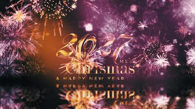 2027 Merry Christmas and  Happy New Year golden text shine light effect with fireworks cinematic title on black abstract background