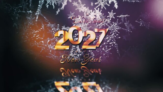 2027 Happy New Year golden text shine light effect with glow silver snowflake particles falling cinematic title on black abstract background
