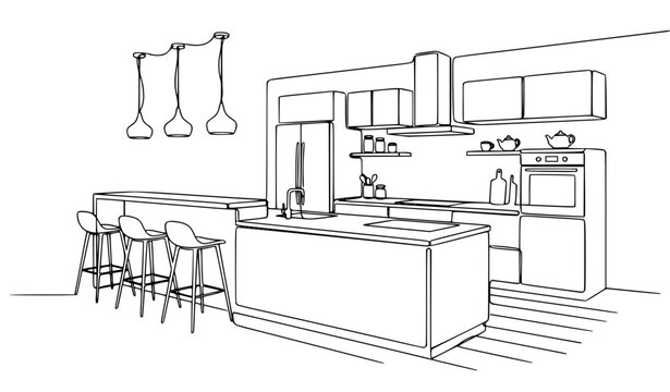 Minimalist L Shaped Modern Kitchen with Dining Counter Continuous Line Vector