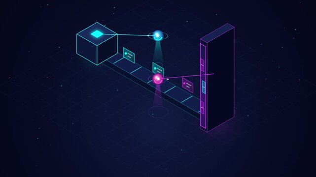 Abstract futuristic isometric scene with glowing neon cubes, spheres, and data streams on a dark grid background