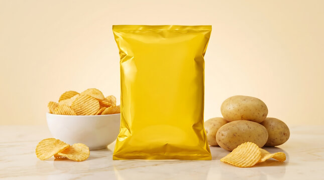Potato Chips Packaging Mockup with Fresh Potatoes and Crispy Chips Bowl and Snack Bag Product Photo