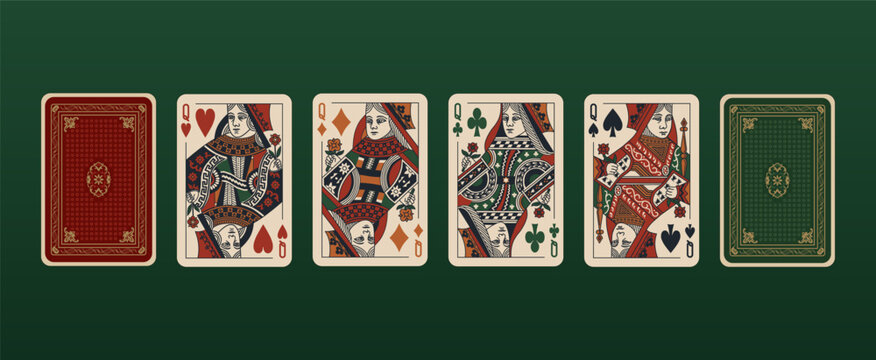 Four Queens, fore suits of Hearts, Spades, Clubs, Diamonds. Face and back side. Playing Poker cards set. Classic design. Printable vector gambling cards isolated on background. Cozy color palette.	