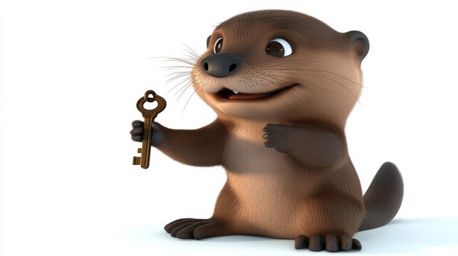 Cute cartoon otter holding vintage metal key against white background isolated high resolution 3d render illustration concept