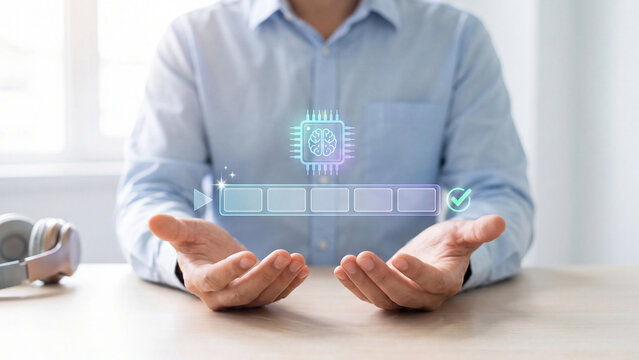 AI video generation and automated editing concept. Man presenting AI chip hologram with video timeline, play button and checkmark for smart content creation, video marketing and digital media