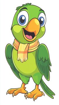 Cute cartoon green parrot mascot wearing scarf illustration character design for kids and creative design projects