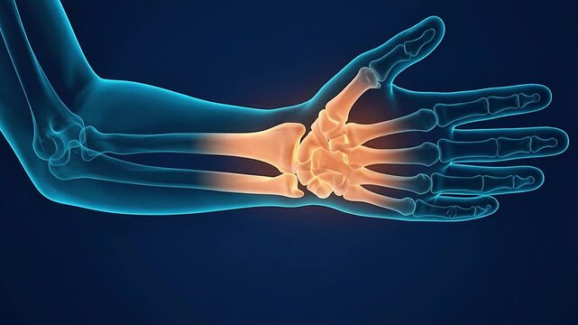 3D medical animation showing carpal tunnel syndrome or wrist joint inflammation with glowing orange highlights on human hand bones