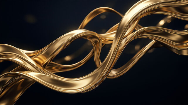 Elegant glowing golden silk ribbon waves on dark background