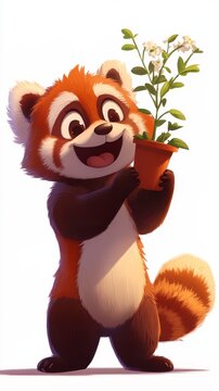 Cute red panda holding potted white flowers cartoon illustration for kids room decor and nature education projects art poster design