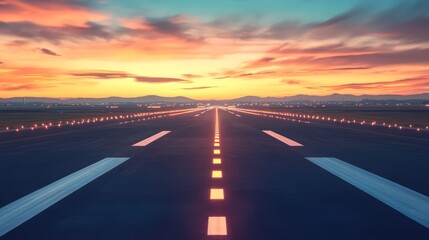 Obraz premium Empty airport runway at dramatic sunset with glowing navigation lights and horizon landscape view