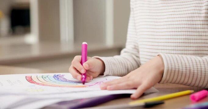 Child, coloring and hands with homework in home, skill development or learn with creative assignment. Student, drawing and kid with project, education and cognitive growth with crayons in house
