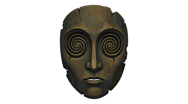 Handcrafted wooden tribal mask with ancient spiral carvings and distressed surface textures isolated for cultural design projects and mystical themes.