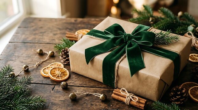 Christmas gift box wrapped in brown paper with a green velvet bow on a wooden table