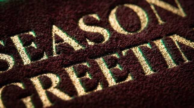 Close up view of golden season greetings text embossed on dark textured purple velvet material surface