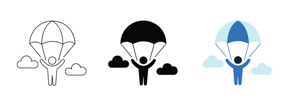 Parachuting Icon Collection: A set of stylized icons depicting a person with a parachute, surrounded by clouds, symbolizing adventure and freedom.
