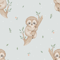 Cute watercolor hand drawn sloth seamless pattern in pastel beige and sage green colors for baby nursery textile wallpaper and wrapping paper © Tetiana Kravchenko