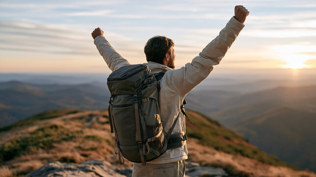 An avid hiker with a full pack stands at the summit of a forested ridge trail arms raised in triumph overlooking an autumn valley at golden hour celebrating national take a hike