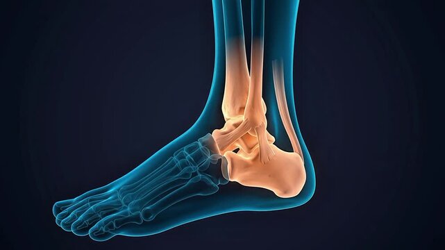 3D medical animation showcasing the internal anatomy of the human foot and ankle joint with highlighted bones and ligaments