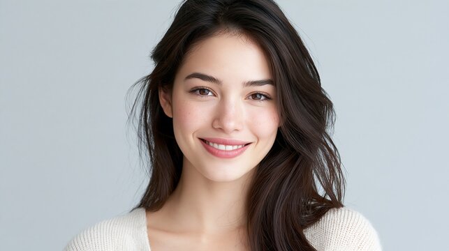 Beautiful young woman with natural makeup smiling against a soft gray bac