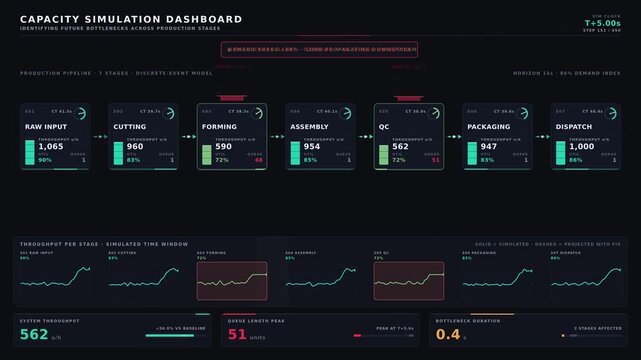 A dynamic capacity simulation dashboard visualizes production stages, highlighting bottlenecks with animated alerts and proposed fixes on a charcoal-black background.