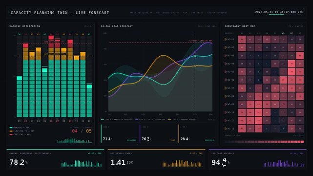 A sleek dark mode capacity planning twin dashboard animation showcasing machine utilization and constraints forecasting with vibrant color gradients and smooth transitions.