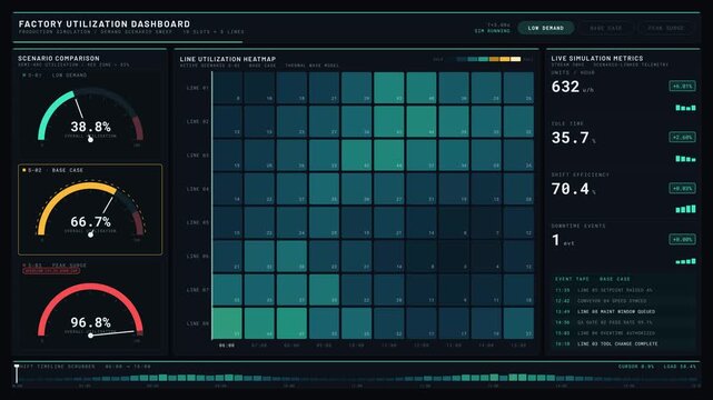 A captivating dark mode factory utilization dashboard animation showcasing production simulation under varying demand scenarios with a dynamic KPI card and heatmap visualization.