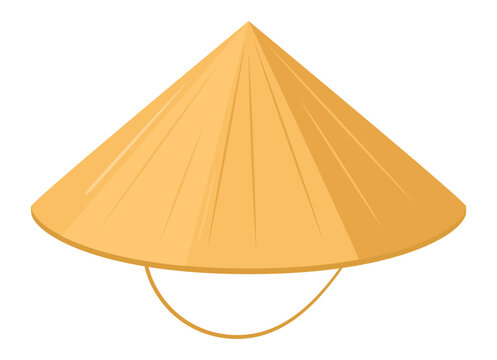 Asian straw hat. Oriental summer farmer headwear, vintage gardener or farm agricultural workers straw hat flat vector illustration. Cartoon straw head accessory isolated on white