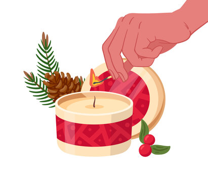 Christmas aromatic candle. Cartoon xmas wax candle, winter holidays cozy aroma decorated candle flat vector illustration. Xmas candle isolated on white background