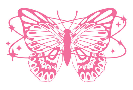 Butterfly y2k symbol. Abstract butterfly silhouette, pink insect with sparkle stars and oval shapes flat vector illustration. Butterfly icon on white