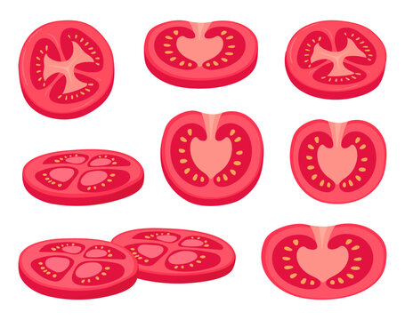 Chopped tomatoes. Red vegetable slices, ripe tomato halves, slices and pieces, fresh red tomatoes with yellow seeds flat vector illustration set. Cartoon tomato isolated collection
