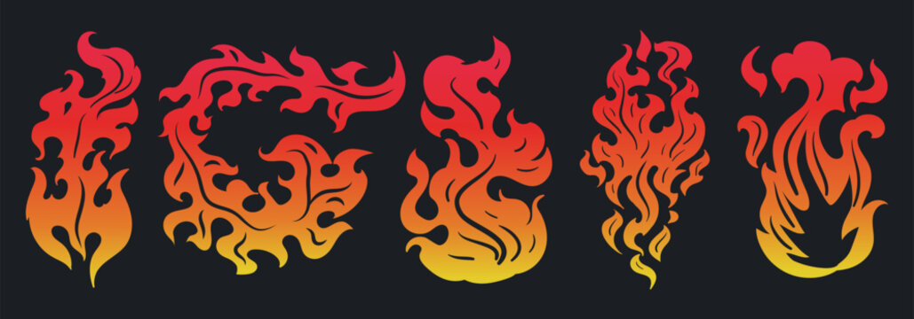 Cartoon burning fire. Fire flame silhouettes, red wildfire elements, fire burning silhouette flat vector illustration set. Isolated flames silhouettes
